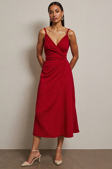Red Ruched Spaghetti Straps Midi Work Dress